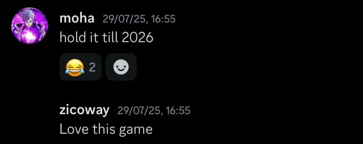 “Love this game” — levels channel, 29 July 2025, right after Matteo’s “517 gng” call; the message above it jokes “hold it till 2026”.