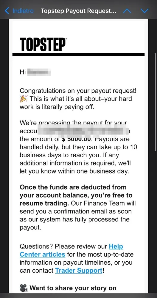 Topstep payout request confirmation e-mail: $5,000.00 — one of three same-day requests on three different accounts, 10 august 2025.