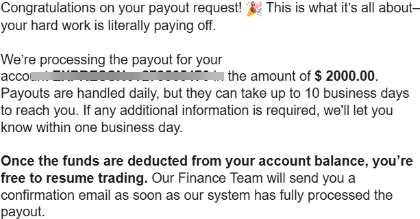 Topstep payout confirmation: $2,000.00 being processed.
