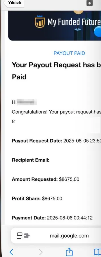 My Funded Futures: payout request marked PAID — amount requested $8,675.00, profit share $8,675.00, paid 6 August 2025.