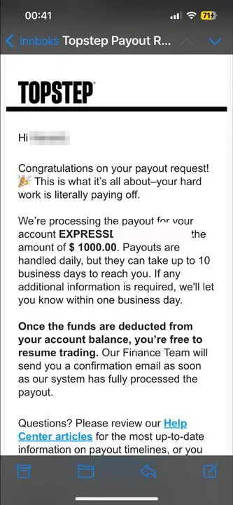 Topstep payout confirmation: $1,000.00 being processed, 4 July 2025.