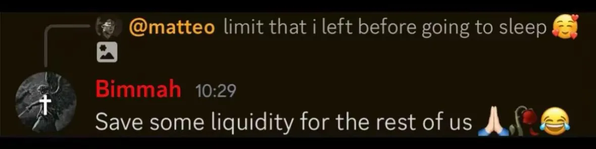 “Save some liquidity for the rest of us 🙏🏻🥀😂” — reply to Matteo’s “limit that i left before going to sleep 🥰” (+1,800 USD fill), premium-chat, 3 December 2025.