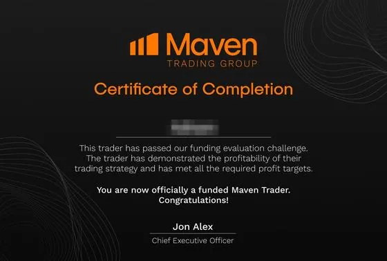 Maven Trading Group certificate of completion: funding evaluation passed.